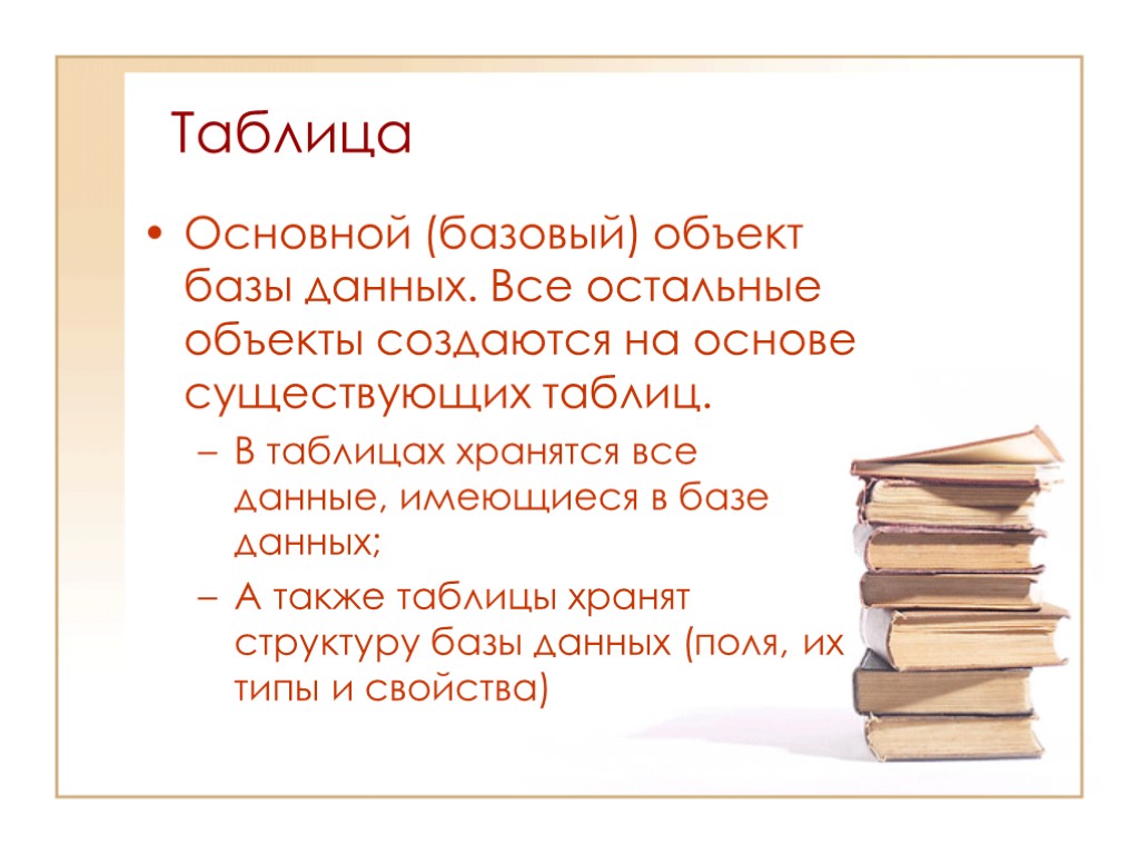 Основной (базовый) объект базы данных. Все остальные объекты создаются на основе существующих таблиц. В